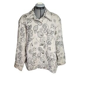 Susan Graver Style Womens 1X Linen Blend Embroidered Floral Jacket Cream Black